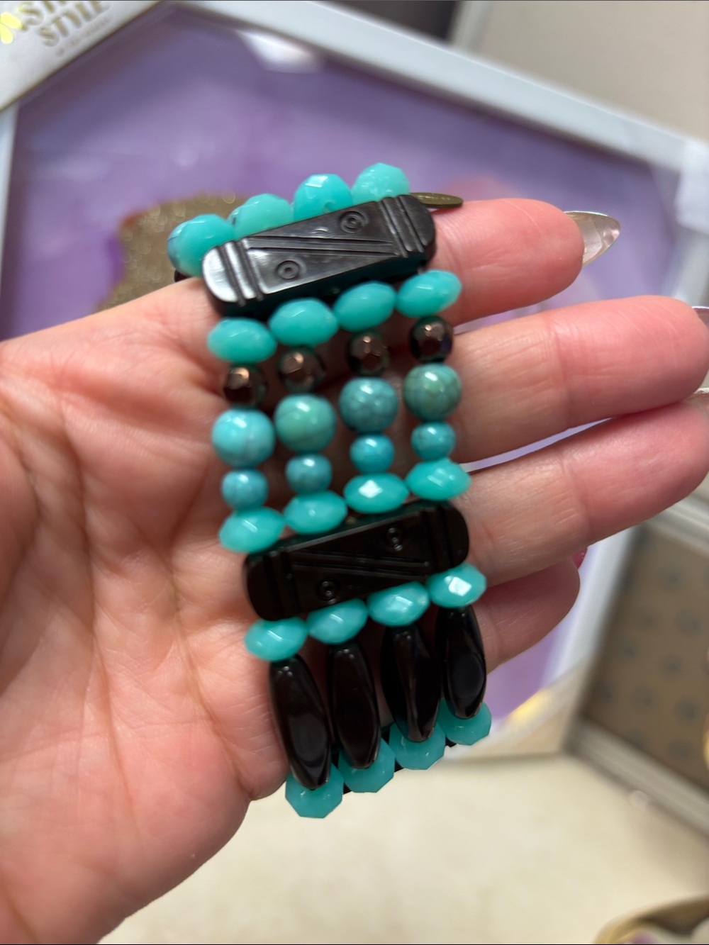 Cookie Lee Turquoise and Black Beaded Stretch Bracelet